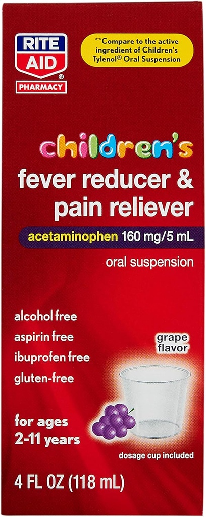 Rite Aid Barn Acetaminophen, Grape Flavor, 160 mg - 4 flooz | Smerte Reliever og feber Reduser | Kids Cold Medicine | for alder 2-11 år gammel | Barn Feber Reduser | Barn Smerte Reliever