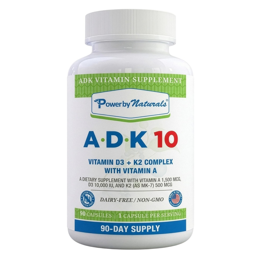 Power By Naturals ADK Vitamin Supplement - ADK 10 høy styrke med vitaminer A, D3 10.000 IU & K2 MK7 for superior hjerte, immun og bein helsestøtte – 90 kapsler, 1 pakke (3-måneders forsyning)
