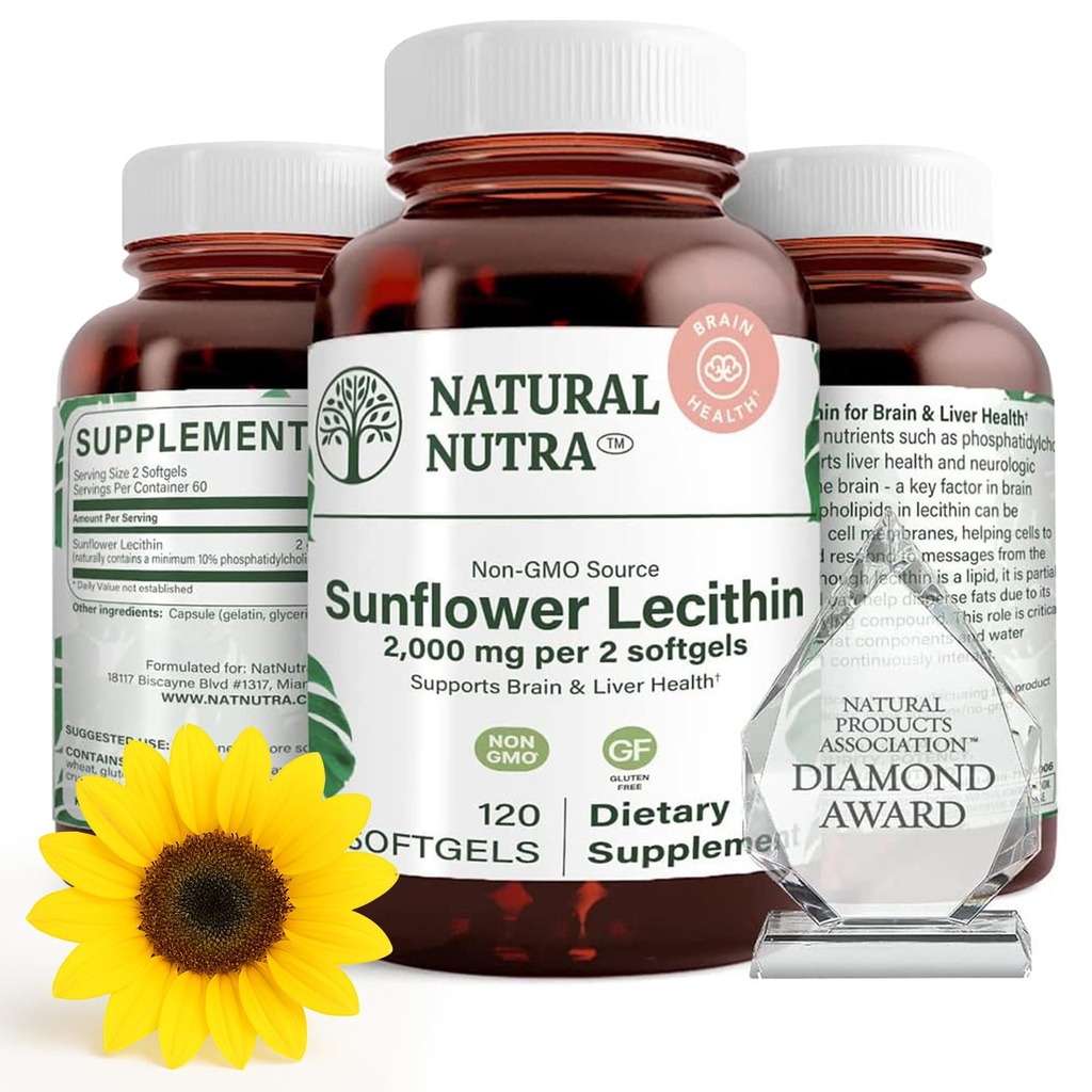 Naturlig Nutra Solflower Lecithin 2000 mg Supplement, støtter amming mødre med plugget melk dukt relief, lever og hjerne helse booster, soya gratis, ikke-GMO, Glutenfri, 120 Softgels (2 Pack)