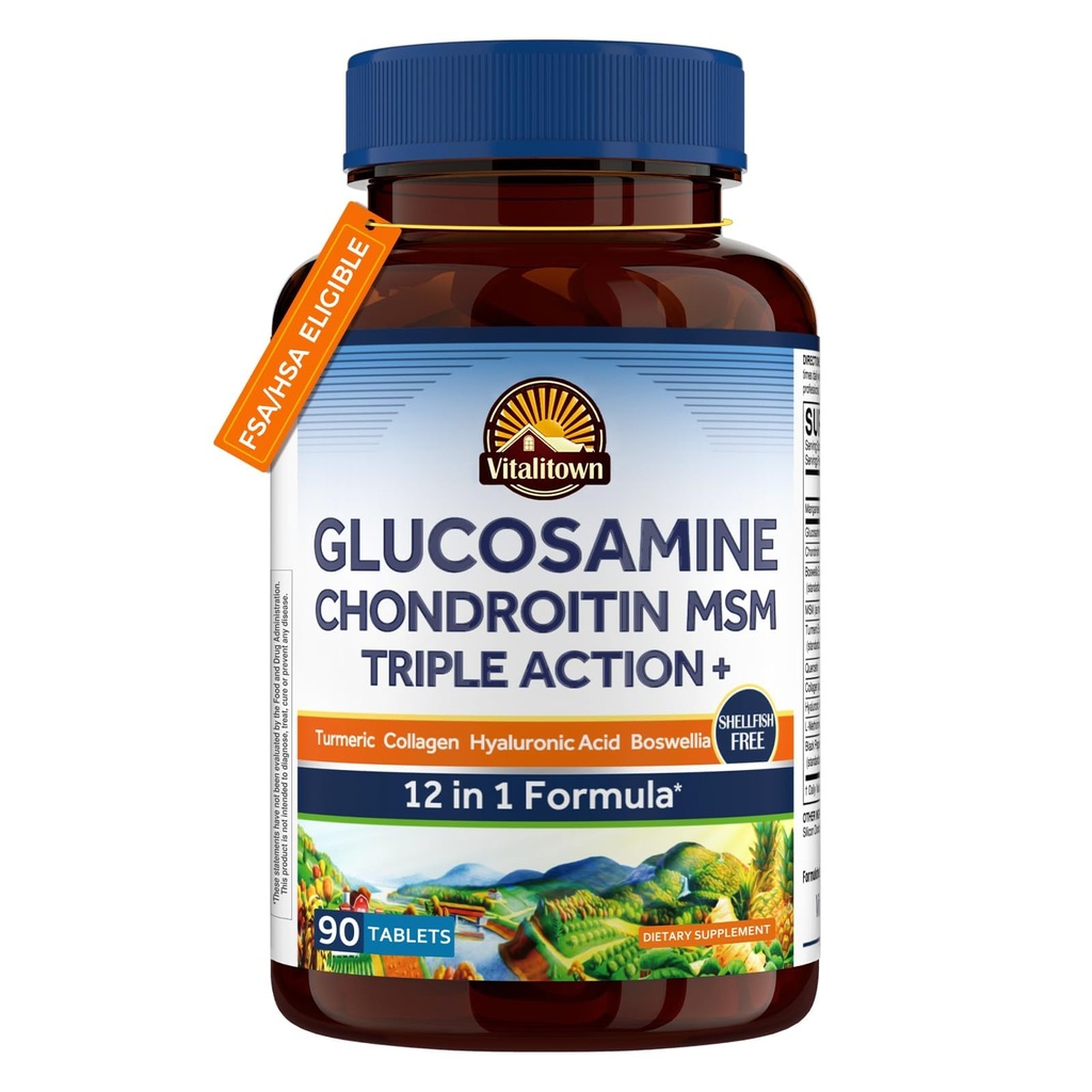 Vitalitown Glukosamine Chondroitin MSM collagen, Boswellia, Turmeric, Hyaluronsyre, Bromelain | Triple Action+ Formel 12 Ingredienser