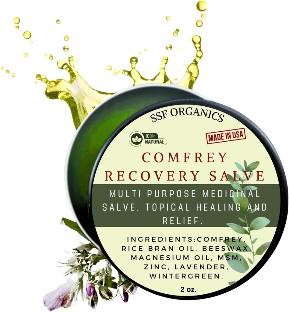 SSF Organics Comfrey Recovery Salve. Organic Herbal Balm for bein, muskler, ledd, kne, hud, hevelse og Tattoo omsorg. Håndlaget, sakte infisert. Ingen kjemiske fyllstoffer. 2 oz