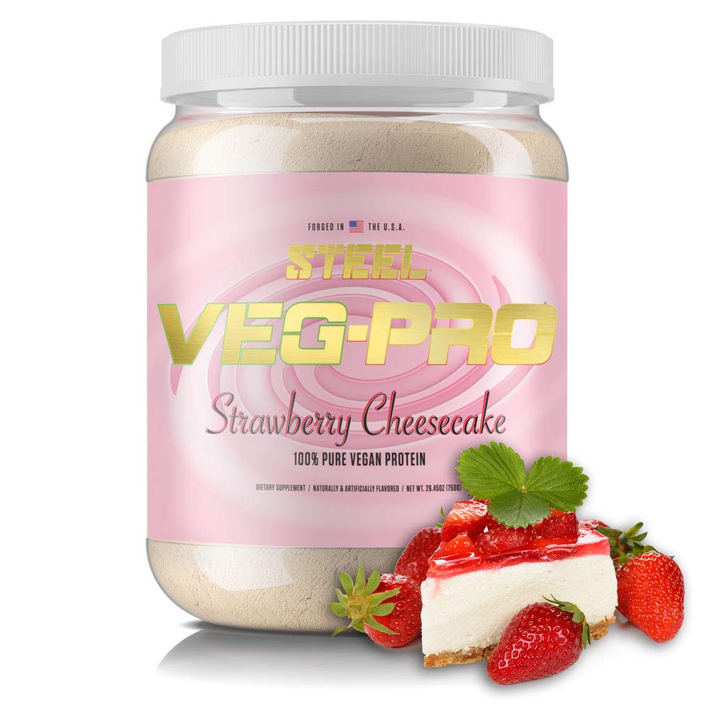 Steel Supplements Veg-PRO | Vegansk Protein pulver, Jordbær Cheesecake | 25 Serveringer (1,65 lbs) | Organisk protein pulver med BCAA Aminosyre | Glutenfri | Ikke-smakig | Lavkarbohydrat formel