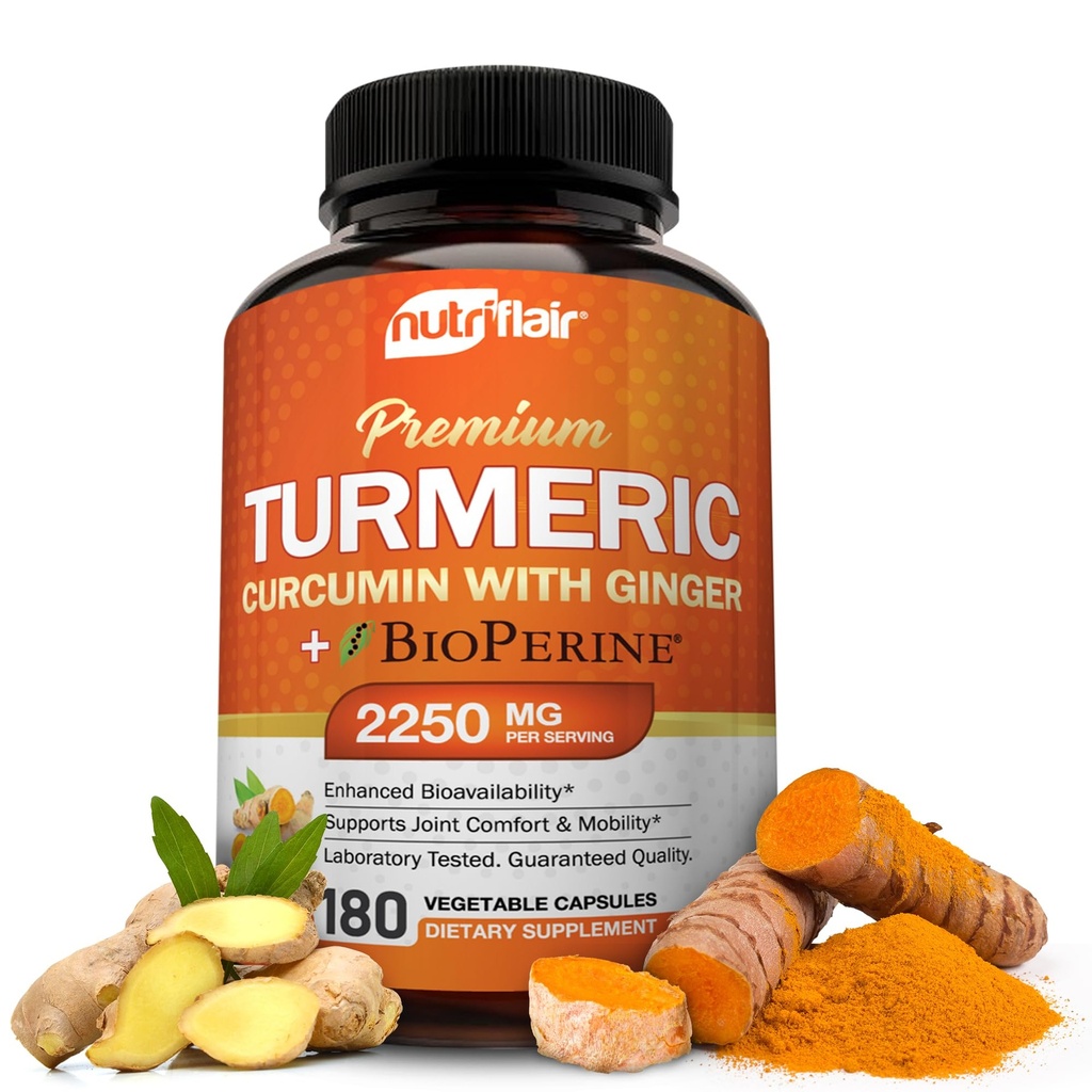 NutriFlair Turmeric Curcumin med Ginger og BioPerine Black Pepper Supplements, 180 Kapsler - 95% Curcuminoids - Felles støtte, Antioksidant, Anti Aging - Naturlig, Ikke-GMO, Vegansk Beste Makt