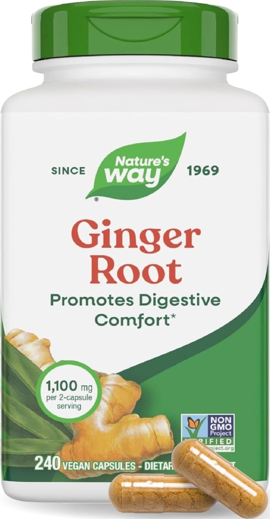 Naturens måte Ginger Root Capsules 550 mg per kapsel, Digestive Comfort* Reduserer Motion-Relatert Lidelse*, 1,100 mg per 2 Kapsler, Ikke-GMO-prosjekt verifisert, Vegansk, 240 tall (Packaging May Vary)