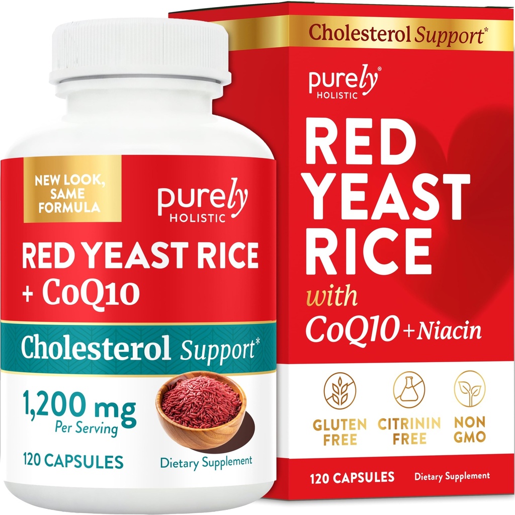 Rød Yeast Rice 1200 mg med CoQ10 Supplement & Flush Gratis Niacin 120 Extra styrke Vegetariske kapsler - Avansert sunn hjerteformula - Ikke-irradiert, Citrenin gratis