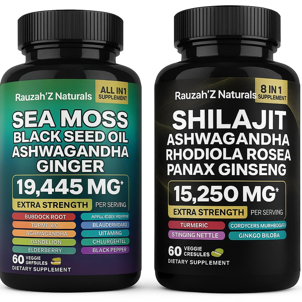 Sea Moss og Shilajit Bundle - Sea Moss, Svart frøolje, Ashwagandha, Ginger & Shilajit,Rhodiola Rosea, Panax Ginseng