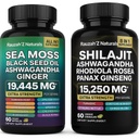 Sea Moss og Shilajit Bundle - Sea Moss, Svart frøolje, Ashwagandha, Ginger & Shilajit,Rhodiola Rosea, Panax Ginseng