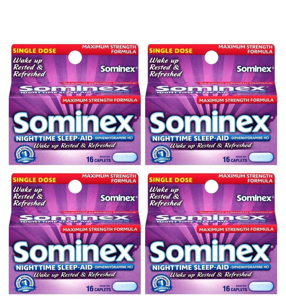 Sominex Natttid Sleep-Aid Caplets, Maks styrke, 16 ea (pakke med 4)