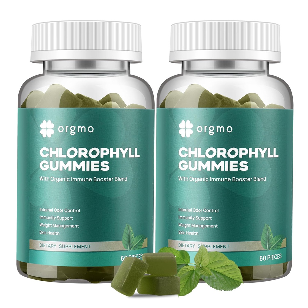 Klorophyll Gummies for kroppen Odor Deodorant 2 Pack, sukker gratis vitaminer D Gummy 1000IU, ACV Spirulina Chlorella Herbal Supplement for kvinner Immun støtte Vegansk ikke-GMO