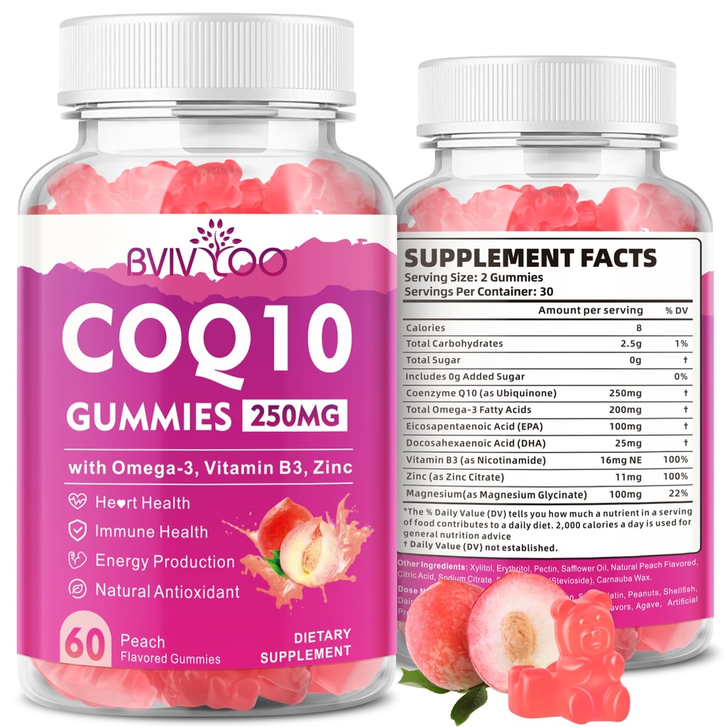 Sukkerfri CoQ10 Gummies 250mg, Plus Omega-3, vitamin B3 & sink, magnesium - høy absorpsjon koenzym Q10 kosttilskudd for hjertehelse, cellulær energi, og antioksidant støtte, 60 greve