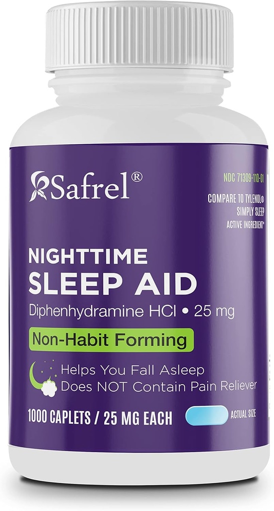 Safre natt søvnhjelp, Diphenhydramine HCl 25mg | Sterk ikke habit-forming hvilefull sovestøtte for menn og kvinner | Falle sove raskere og våkne opp forfriskende (1000 greve av 1), 1000, greve)