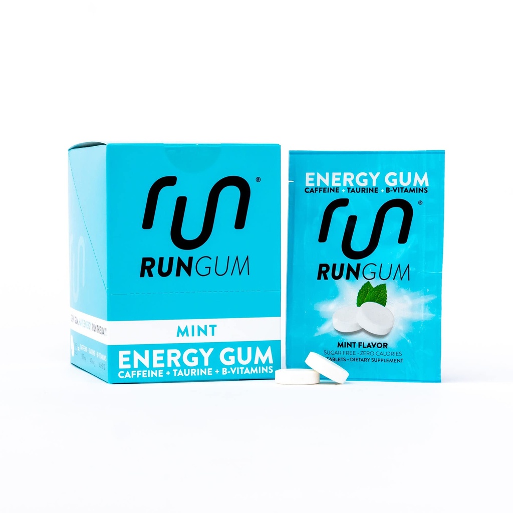 RUN GUM Mint Energi Gum 50mg Koffein Taurin & B-vitaminer per stykke, 24 stykker (pakke med 12), 2 stykker = 1 kaffe eller energidrink, sukkerfri, null kalori