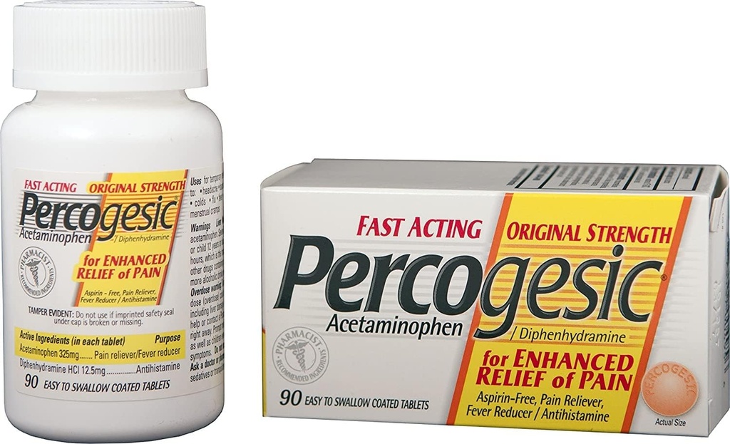 Percogesic Opprinnelig smerte relief | Aspirin gratis hurtigvirkende relief | 90 belagte kapler (4 pakke)