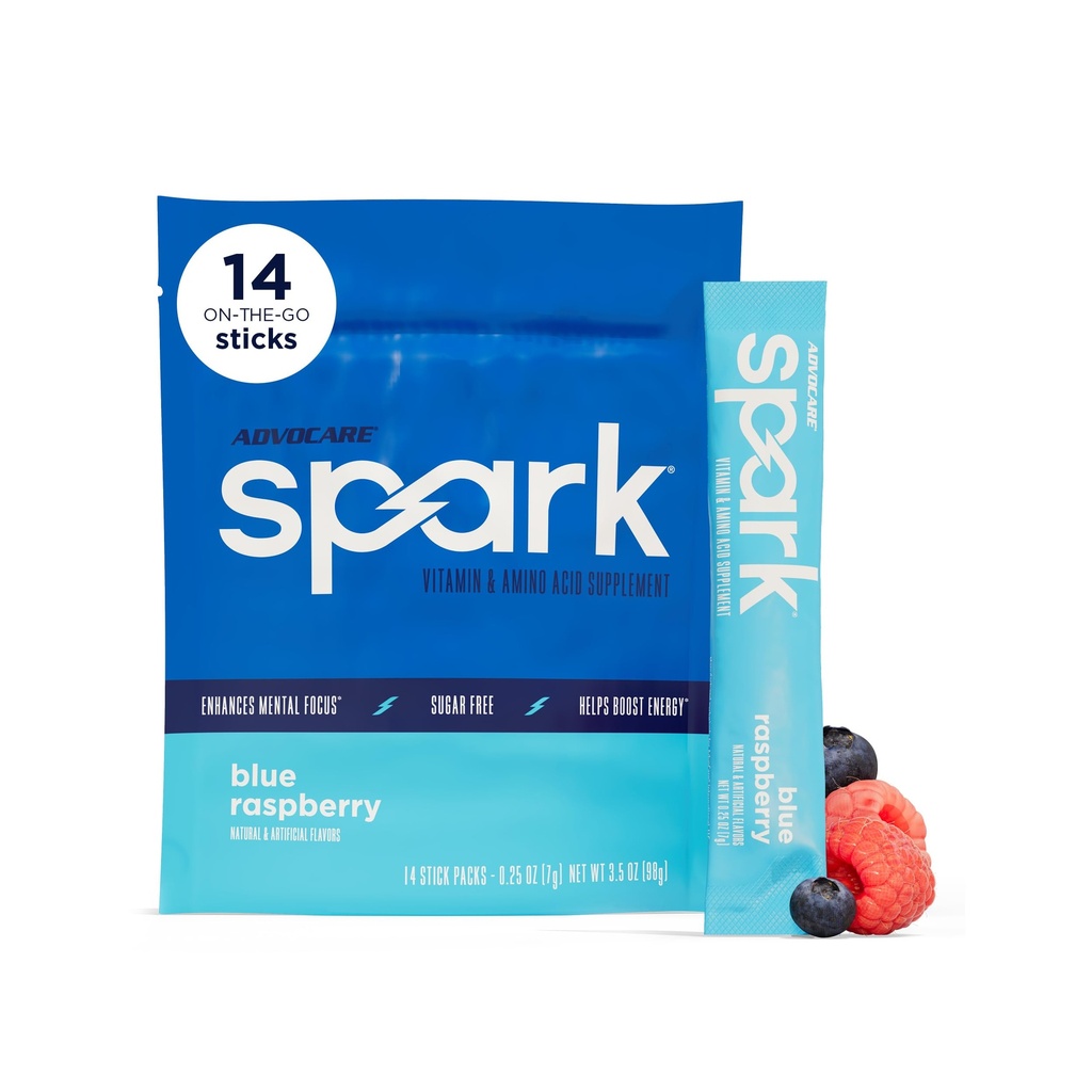 AdvoCare Spark - Energi drikke blanding - vitamin og aminosyre Supplement - støtter energi og fokus* - Bærbar immunforsvarsstøtte* - Sugar-fri - Blå bringebær, 14 Stick Packs (3,5 oz)