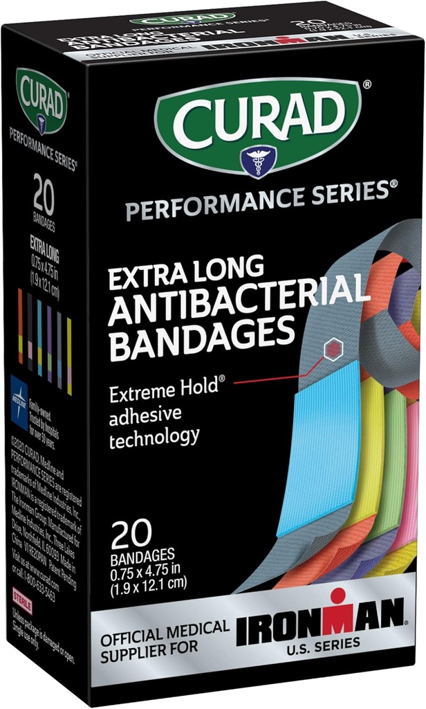CURAD Performance Series IRONMAN Antibacterial Bandages, Extreme Hold Adhesive Technology, Ekstra lang fleksible stoff Bandages for kutt, Scrapes, & Burns, Assorterte farger, 0,75 x 4,75 inches, 20 greve
