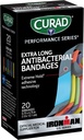CURAD Performance Series IRONMAN Antibacterial Bandages, Extreme Hold Adhesive Technology, Ekstra lang fleksible stoff Bandages for kutt, Scrapes, & Burns, Assorterte farger, 0,75 x 4,75 inches, 20 greve