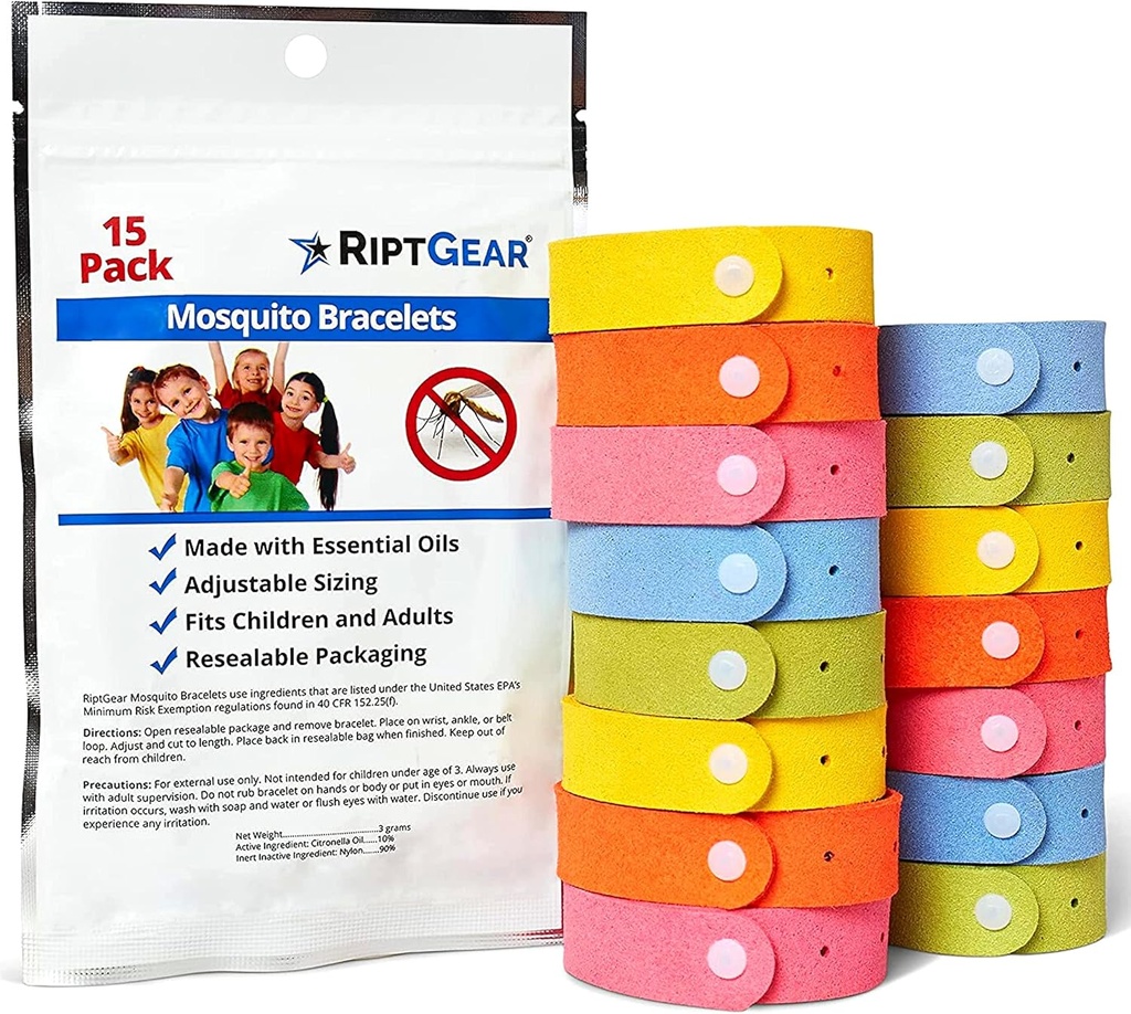 RiptGear Mosquito armbånd - 15 Pakke Mosquito armbånd for barn og voksne, Insect armbånd, Citronella Wristband - DEET Gratis Mosquito Wristbands, Camping Tilbehør