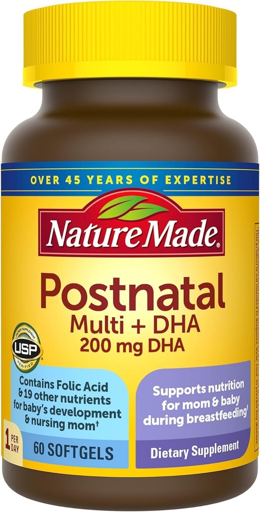 Naturlaget postnatal multivitamin + DHA 200 mg, 60 mykgels, for å støtte sykepleier mødre og babyer under amming, postnatal vitaminer og næringsstoffer inkluderer jern, vitamin D3, kalsium, jodin