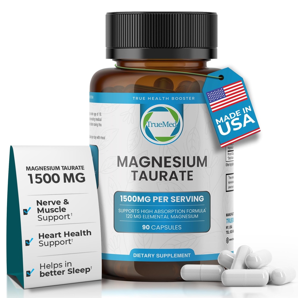Naturlig Magnesium Taurate Supplement 1500 mg med 90 kapsler - 30 dagers forsyning for søvnstøtte, hjertehelse, avslapping, blodtrykksbalanse og energiøkning