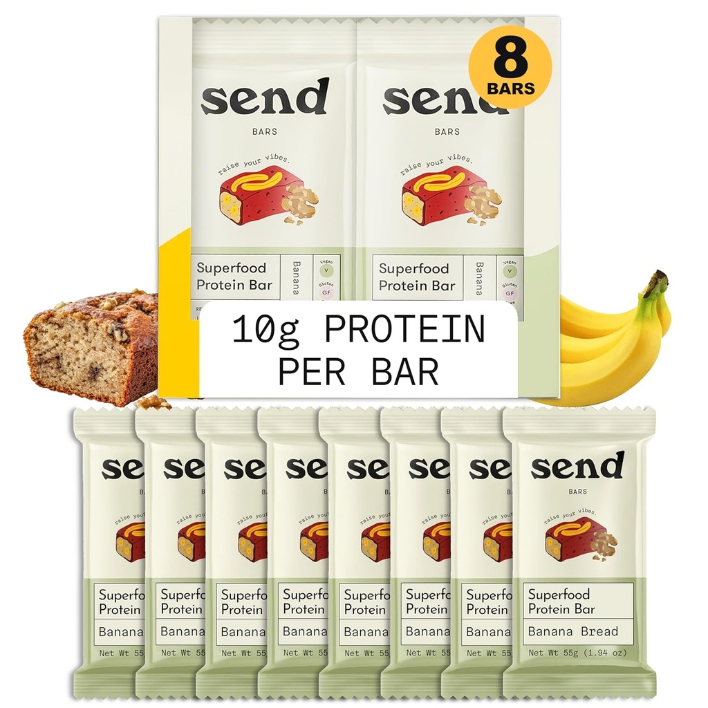 Send Barer Plantebasert Vegan Sunn Protein Bars, Med Grønn (Banana Bread, 8 Bars) - Bare ekte ingredienser, Zero tilsatt sukker, Glutenfri, Dairy-Free