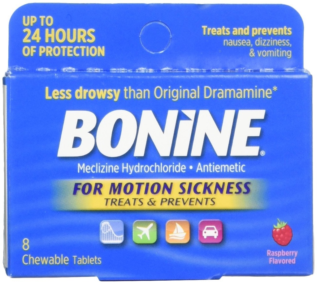 Bonine for bevegelsessykdom Chewable tabletter, bringebær flavored, 8 Hver