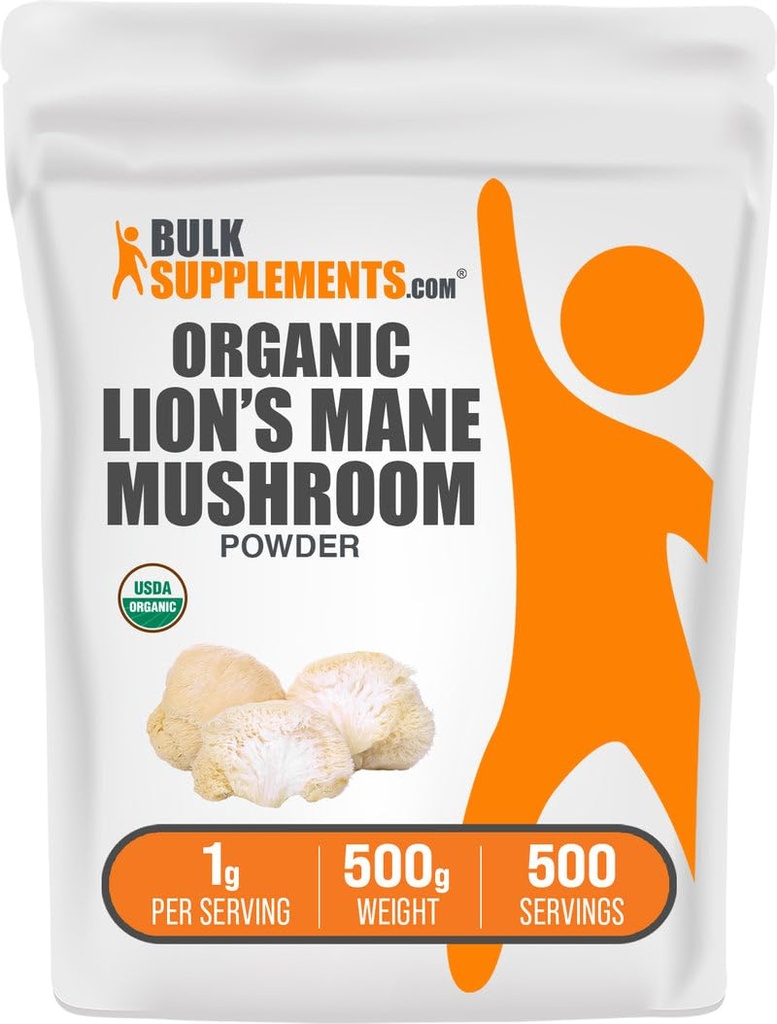 BulkSupplements.com Organic Lions Mane Mushroom Powder - Lions Mane Powder, Mushroom Supplement - Vegan & Glutenfri, 1g per servering, 500g (1,1 lbs) (Pack of 1)