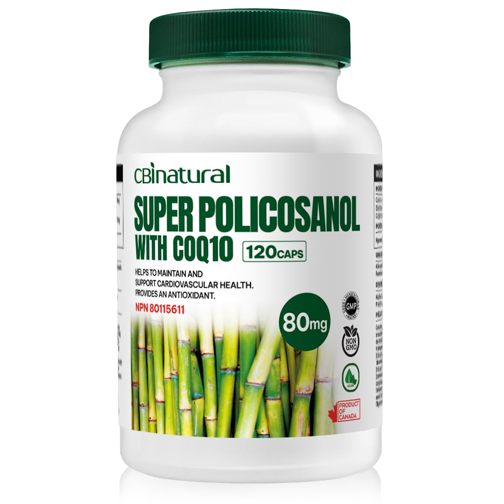 Super Sugarcane Policosanol 80 mg med CoQ10 30 mg, 120 grønnsaker kapsler, hjerte & kolesterol støtte, 4-måneders forsyning, ikke-GMO, Glutenfri