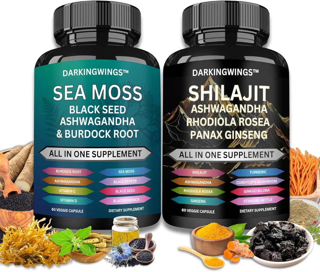 Shilajit og havmos combo -Sea Moss 3000mg, Black Seed Oil 2000mg, Ashwagandha 2000mg, Shilajit 9000mg, Rhodiola Rosea1000mg,Panax Ginseng1500mg havet mos og shilajit bunt, alt i ett supplement