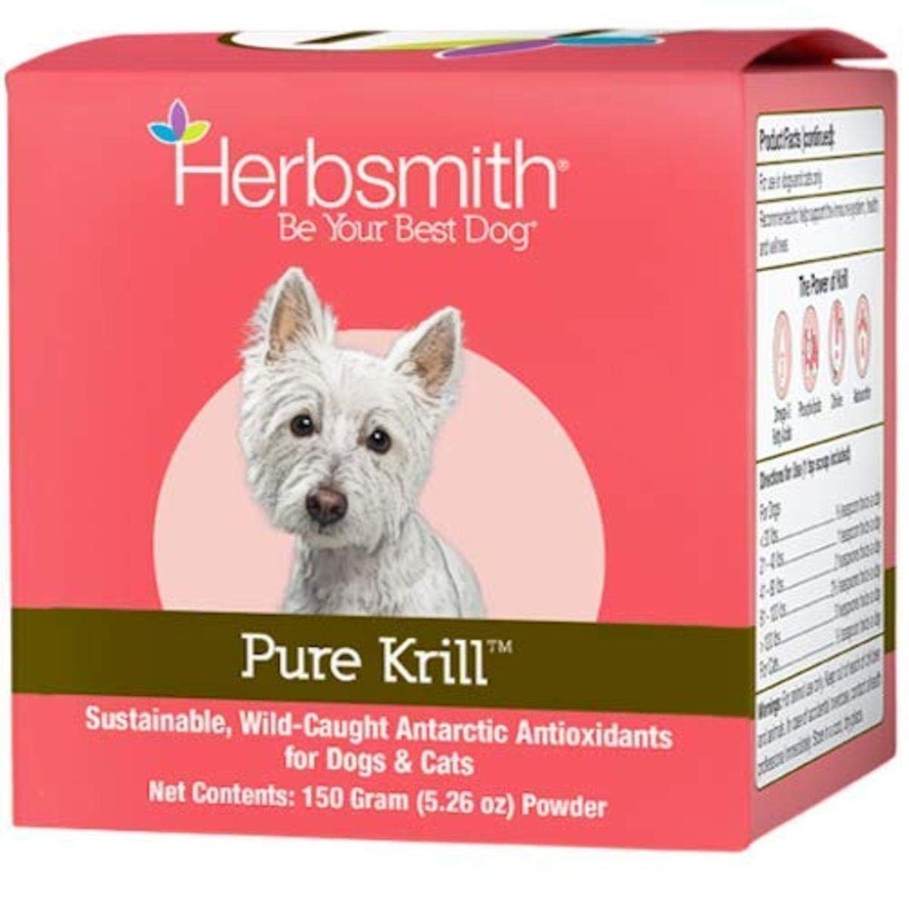 Herbsmith Pure Krill - Wild-Caught Antarctic Krill - Bare 1 Ingrediens - Astaxanthin for hunder - Klar til bruk Omega 3s - Alternativ til Krill Olje for hunder - 150g
