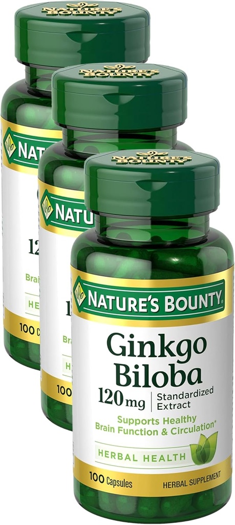Naturens Bounty Ginkgo Biloba Kapsler 120 mg, Minne støtte Supplement, støtter hjernefunksjon og mental varsling, 100 kapsler (pakke på 3)