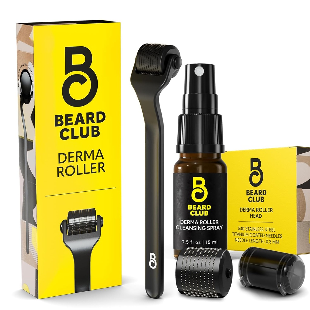 The Beard Club Derma Roller, rengjøringsprøyte og utskiftningshode - Skjeggruller med rengjøringssprøyte og erstatningshode