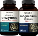 Magnesium Glycinate Capsules 500mg, 240 greve - 100% Chelatert og renset | Digestive Enzymer med prebiotika, 240 Veggie Capsules - 20 Enzyme & 5 Prebiotiske Pancreatic Complex