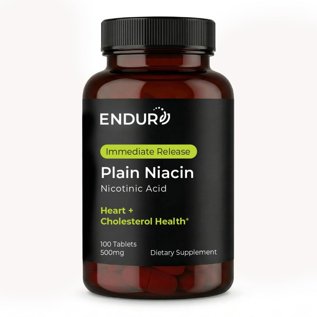 Endur Plain Niacin (Nicotinic Acid), hjerte helse og sunn kolesterol balanse Supplement, Umiddelbar formel, Glutenfri, 500 mg (100 tabletter)