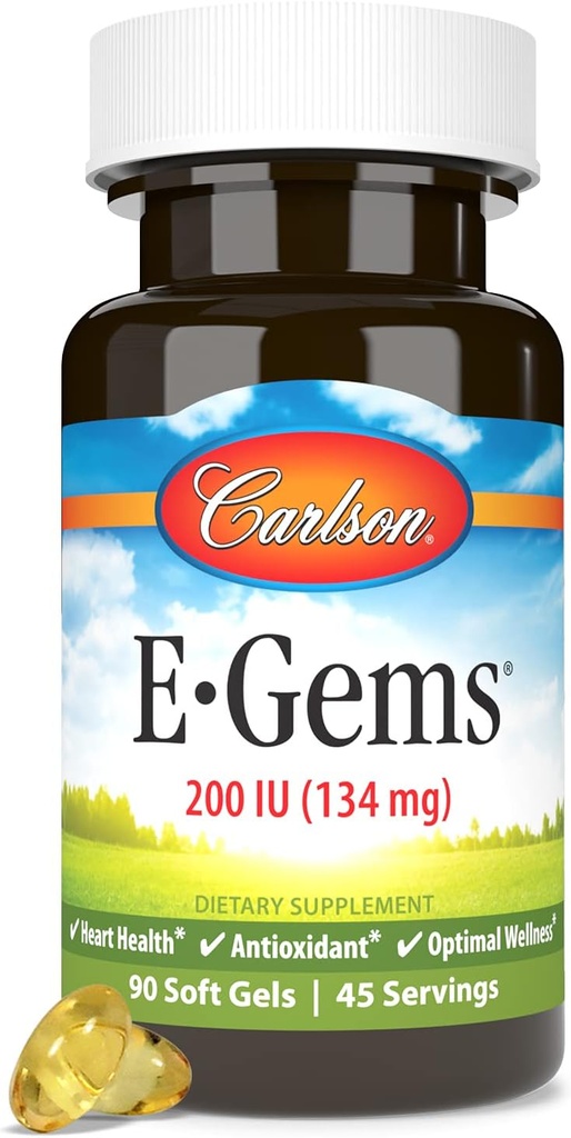Carlson E-Gems 200 IU (134 mg), naturkilde vitamin E, optimal velvære, 90 myk geler