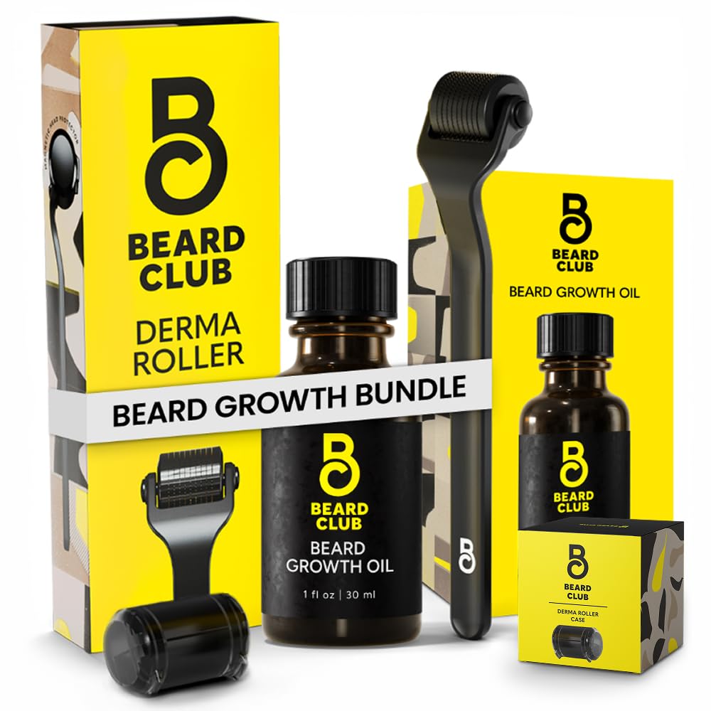 Beard Club Premium Derma Roller & Beard Growth Oil - Microneedling Roller med 540 Titan Microneeds for ansikt, kropp og Scalp - Beard Roller med Sandalwood & Cedar Beard Olje