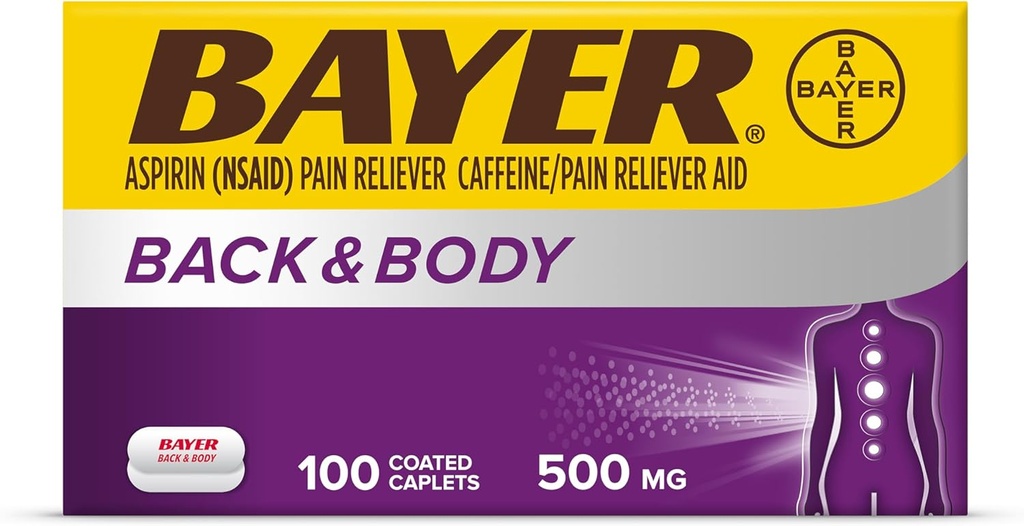 Bayer Tilbake & kroppen ekstra styrke aspirin, 500 mg belagte tabletter, rask relief på nettstedet av smerte, smertefriere med 32,5 mg koffein, 100 greve