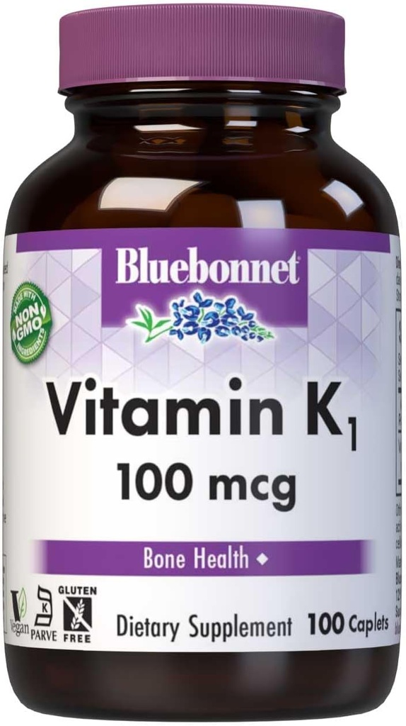 Blåbonnet vitamin K1 100mg støtter bein helse - Phylloquinon Crystalline vitamin K Supplement - Ikke-GMO, Kosher sertifisert, Glutenfri, Dairy-Free - 100 Vegan Caplets