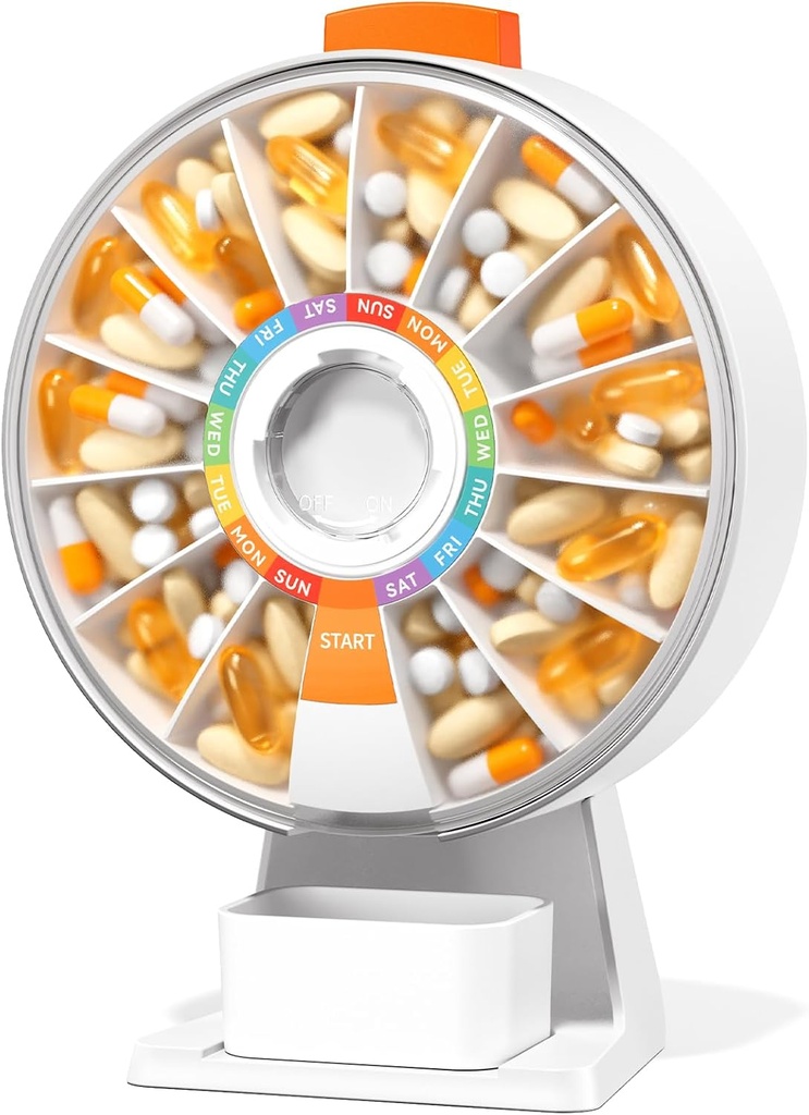 Zoksi Large Fun Pill Dsipenser, daglig pille boks i 7 eller 14 dager, vegg-monterbar eller bordplater ukentlig piller Organizer Hold for medisin, vitamin eller kosttilskudd, pille saken med lett trykkknapp (hvit)