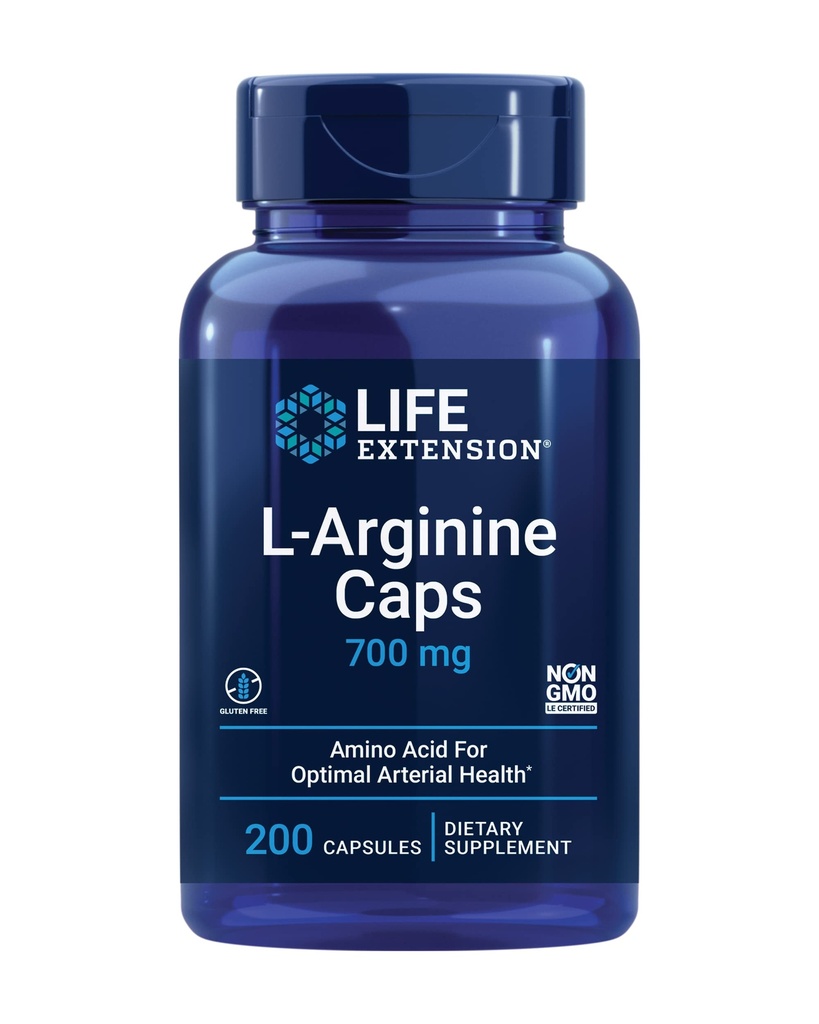 Livsforlengelse L-Arginine Caps, 700 mg, Vitamin C & Aminosyre for optimal arteriell helse, støtter hjerte og immun helse, sunne vev og bein, glutenfri, ikke-GMO, 200 kapsler
