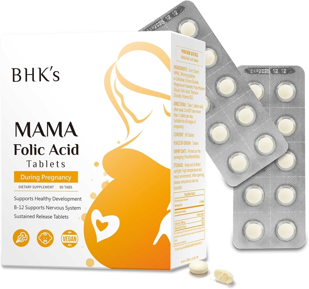BHKs folsyre, før i løpet av svangerskapet, støtte babynervesystem utvikling, essensielle vitaminer for mamma og baby, 90 tabletter