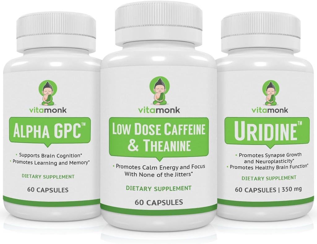 VitaMonk Brain Boost Bundle - Alpha GPC, Uridin og Lav Dose Koffein + L-Theanine Duo