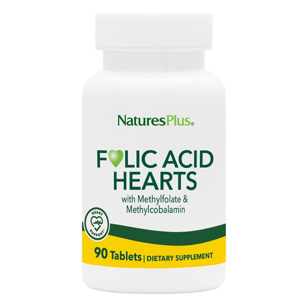 NaturesPlus Folic Acid Hearts (Metylfolat) - 400 mcg, 90 vegetariske tabletter - med vitamin B6 & vitamin B12 (som Metylkobalamin) - Glutenfri - 90 serveringer