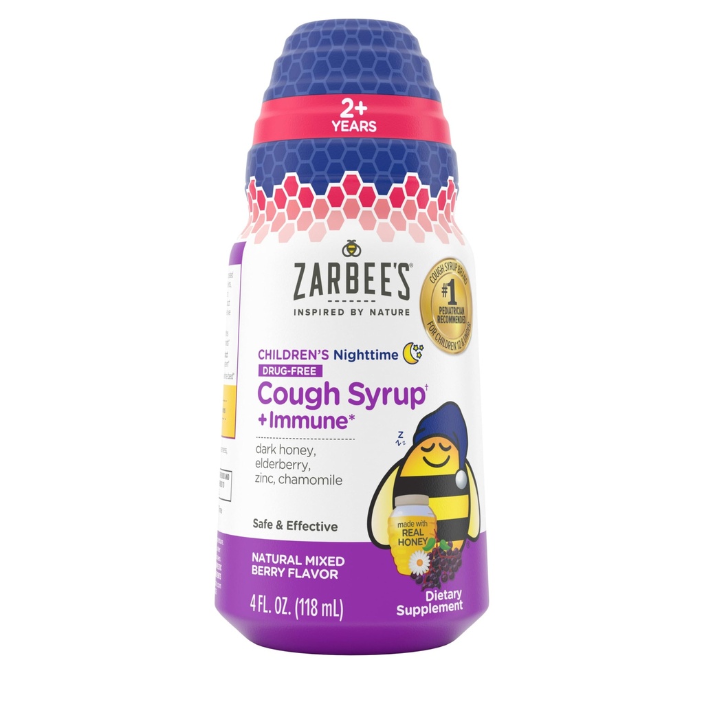 Zarbee's Children's Nighttime Honning Cough Syrup + Immune for barn 2+, Cough Syrup med Soothing Dark Honning, Ekte Elderberry, Vitamin D & Sink, & Kamille, Drug-free, Blandet Berry, 4 fl oz