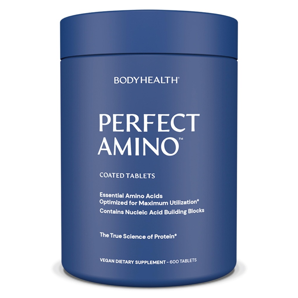 BodyHealth PerfectAmino (600 ct) Enkel å svelge tabletter, essensielle aminosyrer Supplement med BCAA, Vegansk Protein for pre/post trening og muskelgjenvinning med lysin, Tryptofan, leucin, metionin