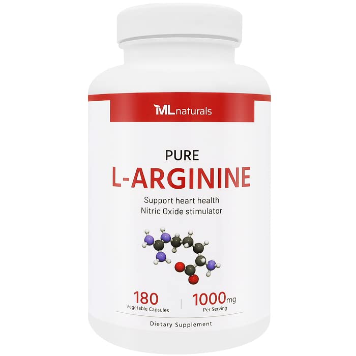 ML Naturals ren L-arginin 1000 mg 180 grønnsaker kapsler. Aminosyre, nitric oksidstimulator, og støtter hjertehelse, NSF-sertifisert og cGMP-Compliant.