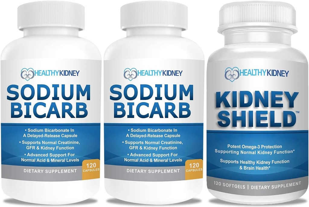 Natriumbikarbonat 650mg Kapsler for syrerelief, Alkalinitet 120 piller 2-Pack + Njure Shield 120 Caps Nyre Supplement for å støtte normal nyrefunksjon
