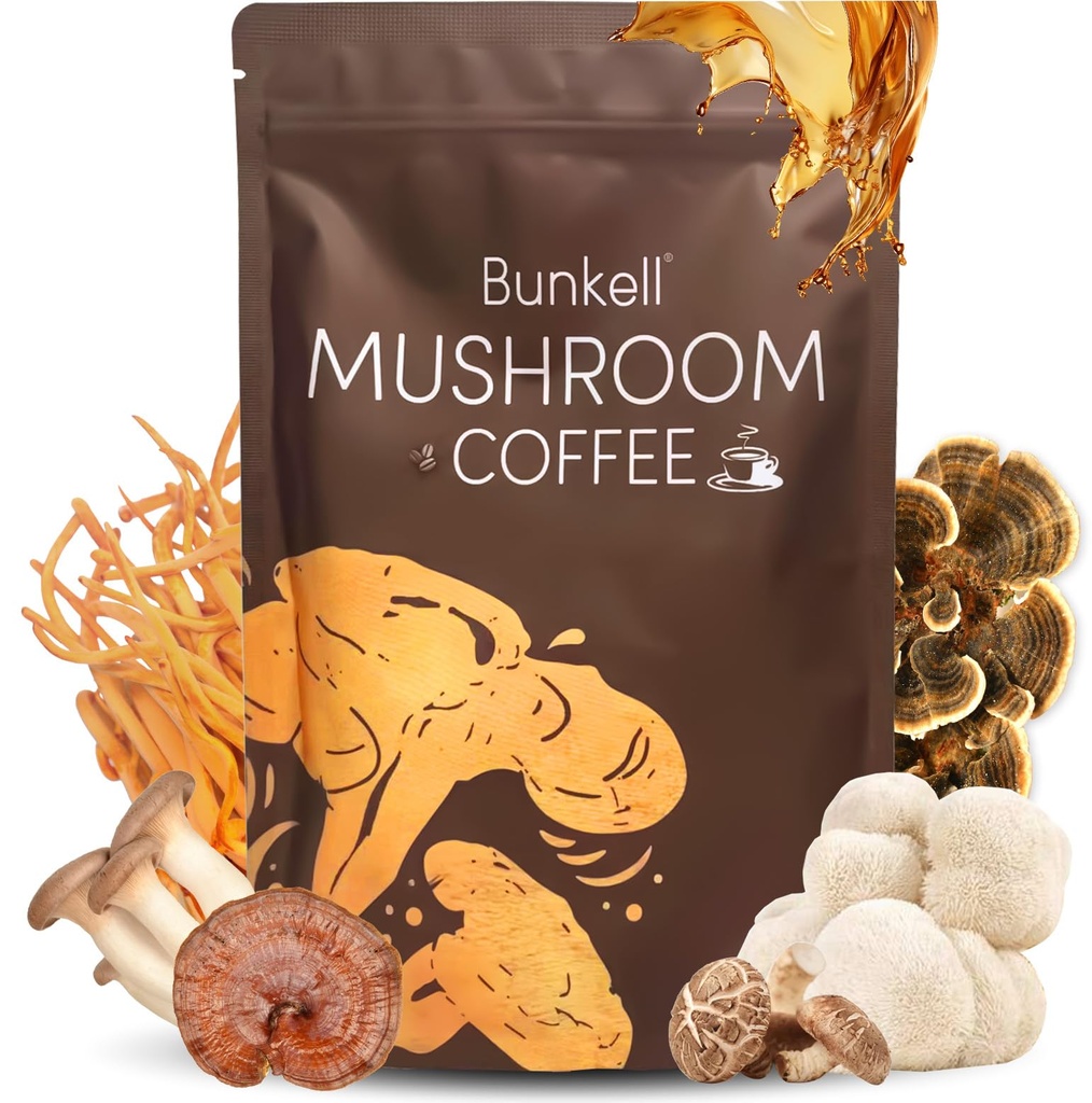 Mushroom Kaffe, Adaptogen 6 Mushrooms med Lions Mane, Reishi, Cordyceps, Shiitake, King Trumpet & Tyrkia Tail, Instant Coffee Powder for energi, Digestion & Immun Support, 30 Services