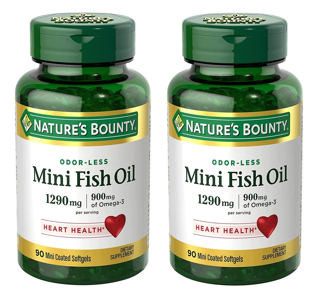 Naturens Bounty Mini Fish Oil Softgels 1290 mg, Omega-3, støtter hjertehelse, Odor-Less, 90 Mini Coated Softgels - Pakke med 2