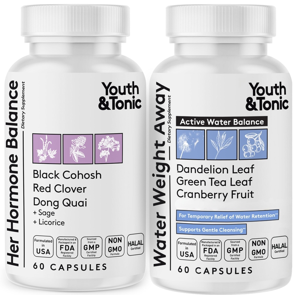 Ungdom og tonic kvinner vann vekttap piller for hormonelle endringer og flytende tilbakeholdenhet under PMS, Menopause - hevelse, bloating og hormonbalanse - 120 kapsler