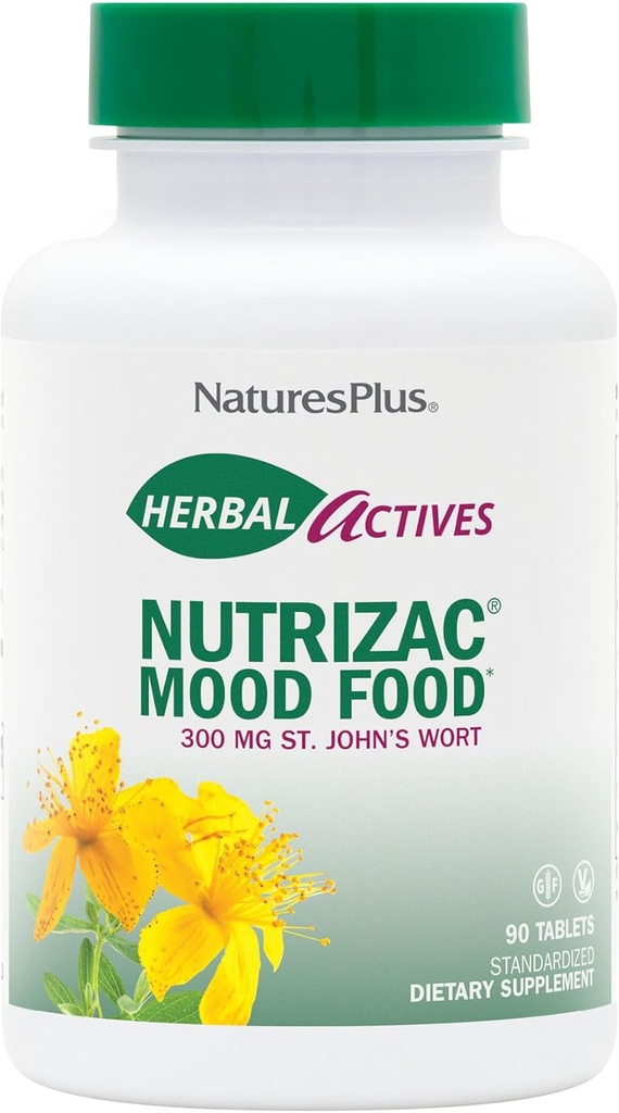 Natures Plus Herbal Actives NutriZAC Mood Food - 300 mg St Johns Wort, 90 Vegansk Bi-Layred Tabletter - Maks potens Natural Mood Booster - Vegetarisk, Glutenfri - 90 Serveringer